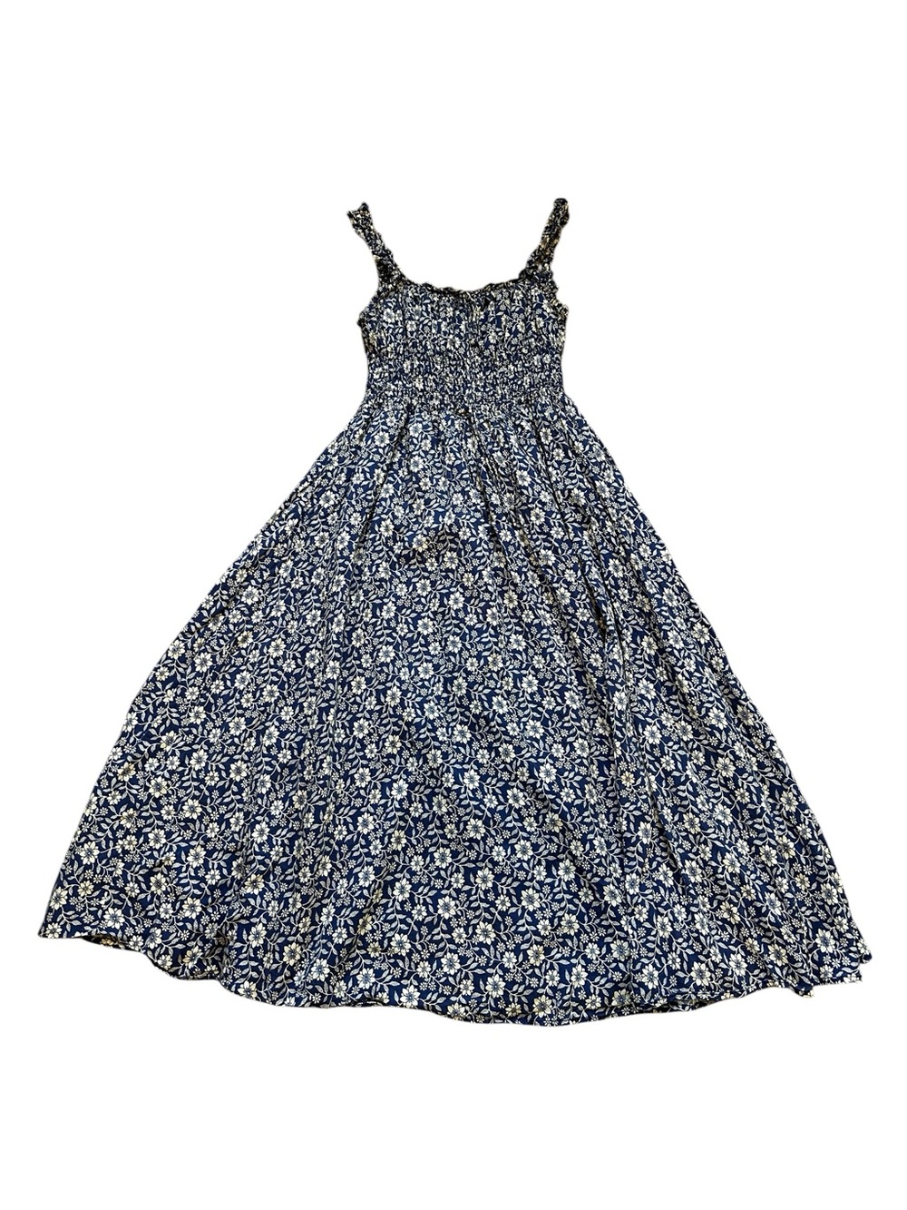 Blue Floral Babydoll Midi Dress Milkmaid Smocked Waist Cottage Boho Summer